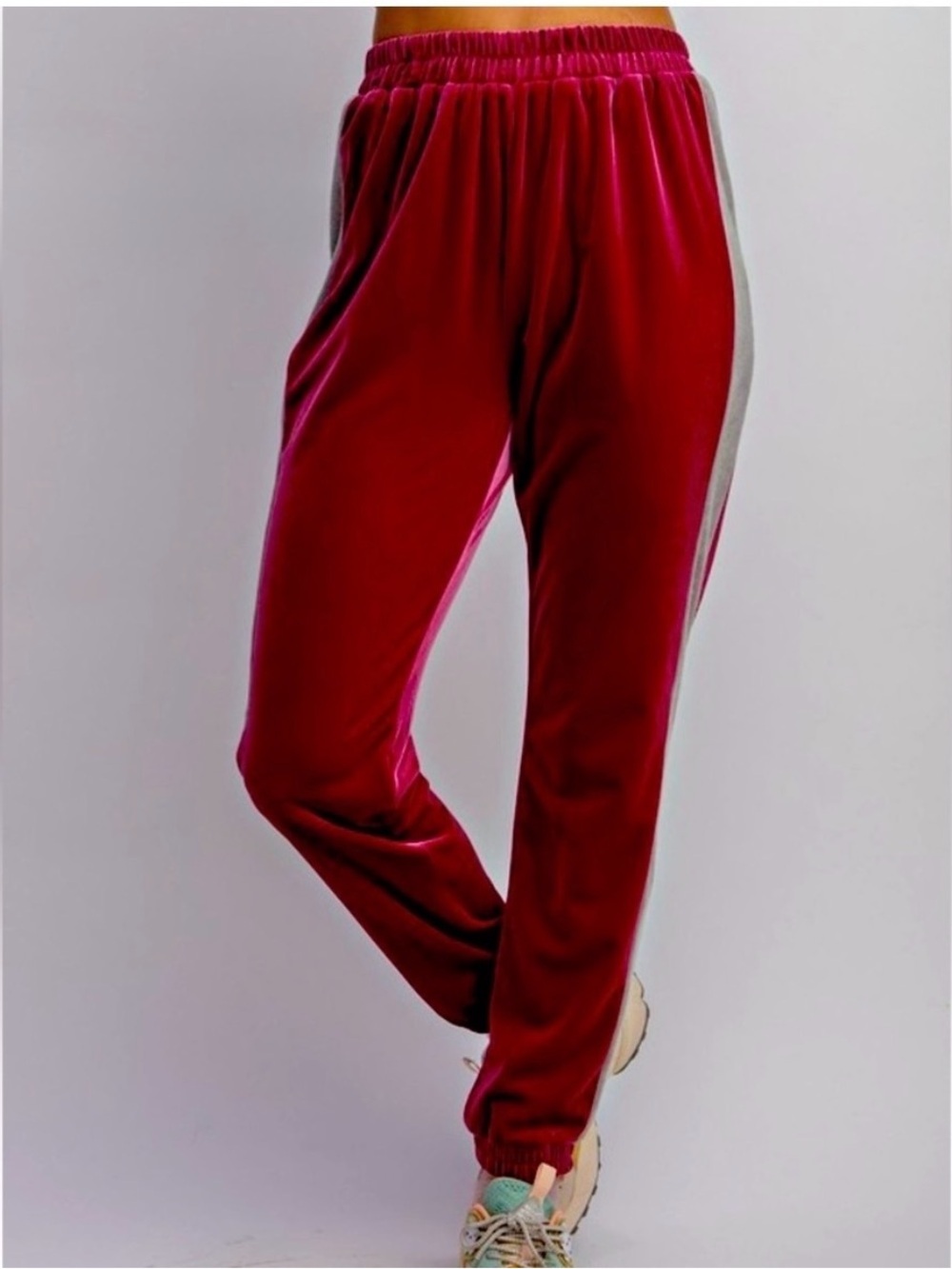 Easel NWT Velvet Pockets Elastic Waist Velour Jogger Pants Purple Fuchsia Gray M - Picture 2 of 6